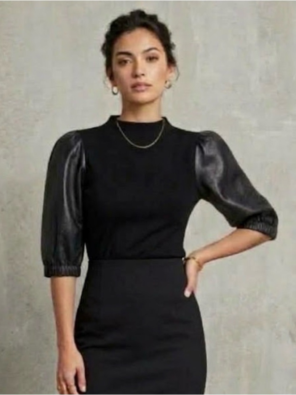 MELISSA NEPTON women’s Knit Top mock neck Faux Leather 3/4 puff sleeve blouse XS